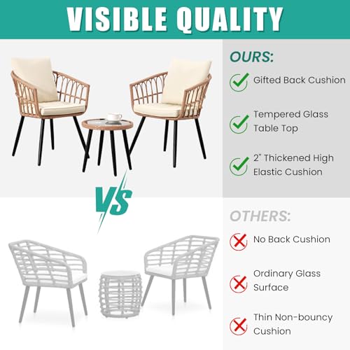 Beige 3 Piece Outdoor Wicker Bistro Set with Cushions Z85874