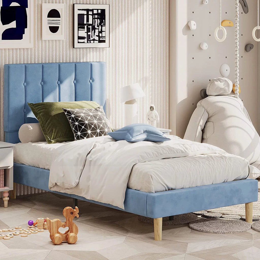 Light Blue Velvet Upholstered Twin Platform Bed Frame C847