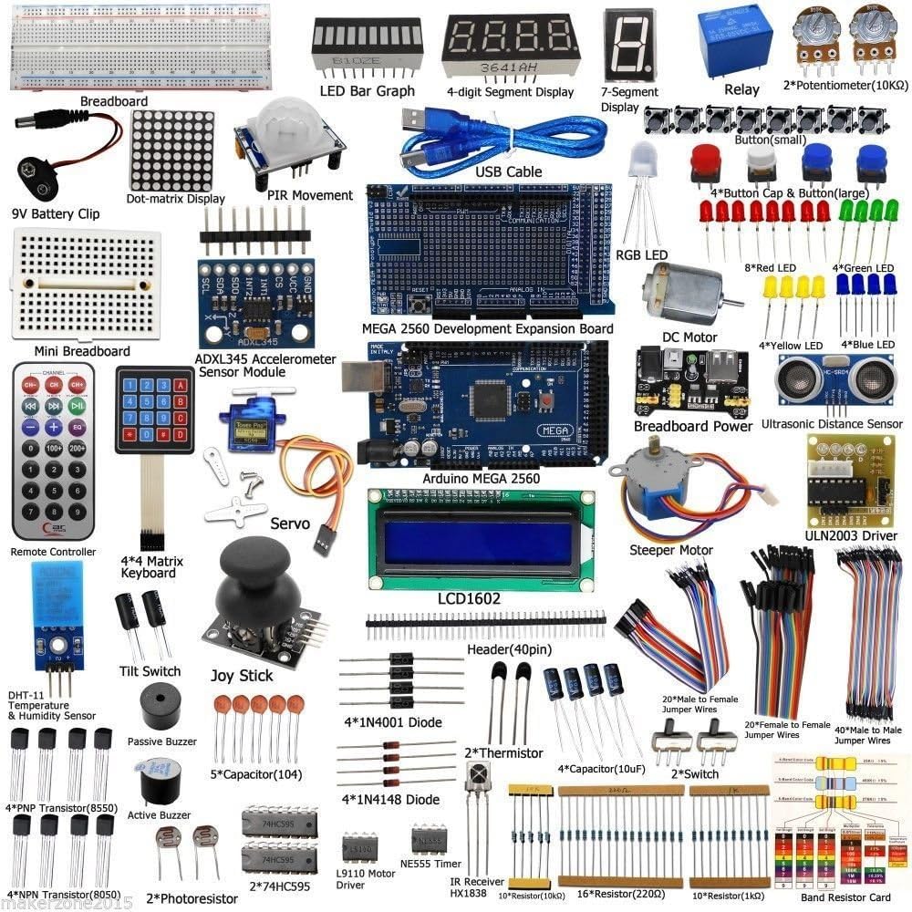 Mega2560 LCD1602 Servo Stepper Motor Sensors Breadboard Jumper Wire Resistor Capacitor Transistor STEM Electronic Projects Starter Kit P866481