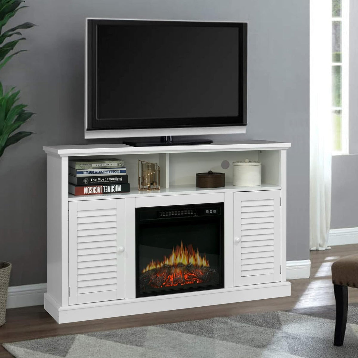 Electric Fireplace TV Stand for TVs Up to 65 with Barn Door Storage Cabinet L598600
