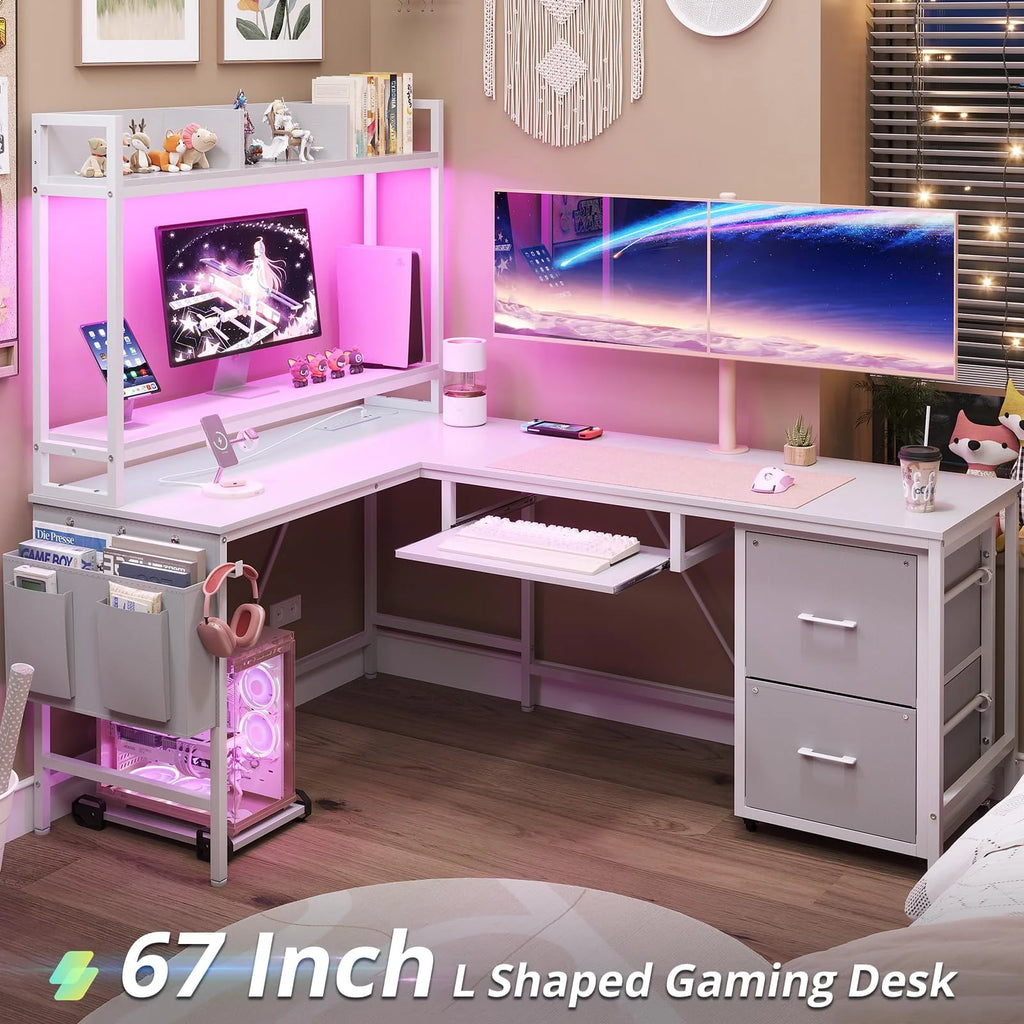 L Shaped Computer Desk with Power Outlet and LED Strip, Black G2205