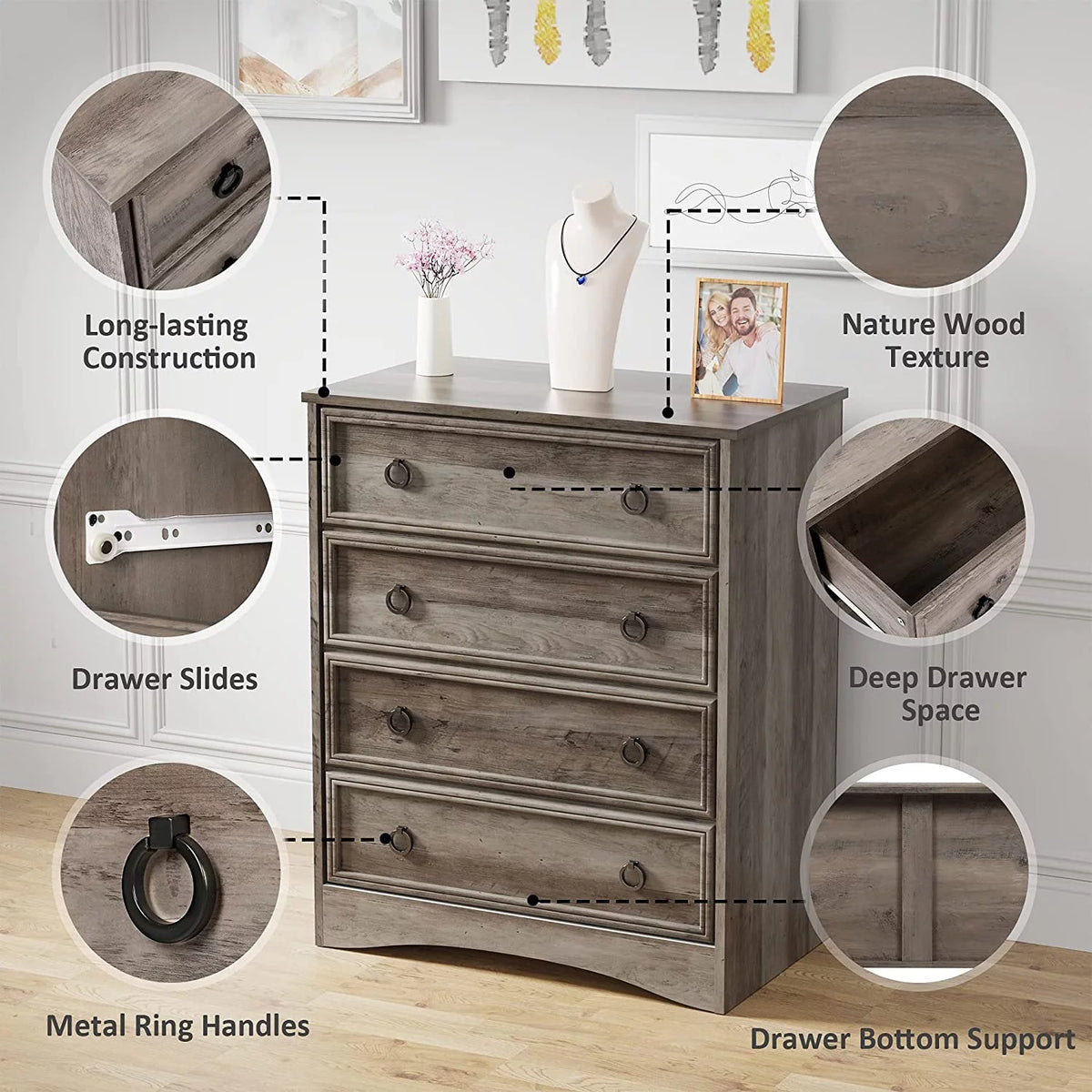 4 Drawer Gray Wood Dresser I786917