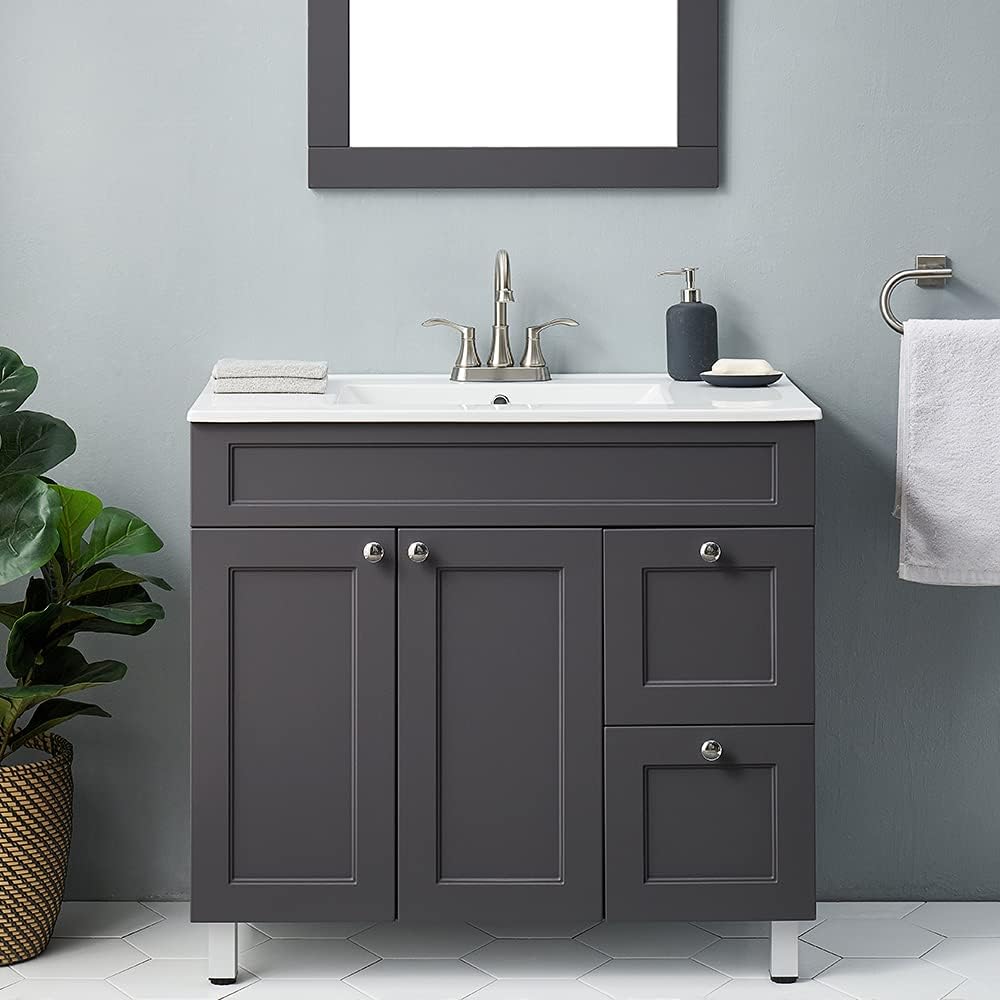 36 Grey Bathroom Vanity Sink Cabinet Set with White Ceramic Countertop O247737