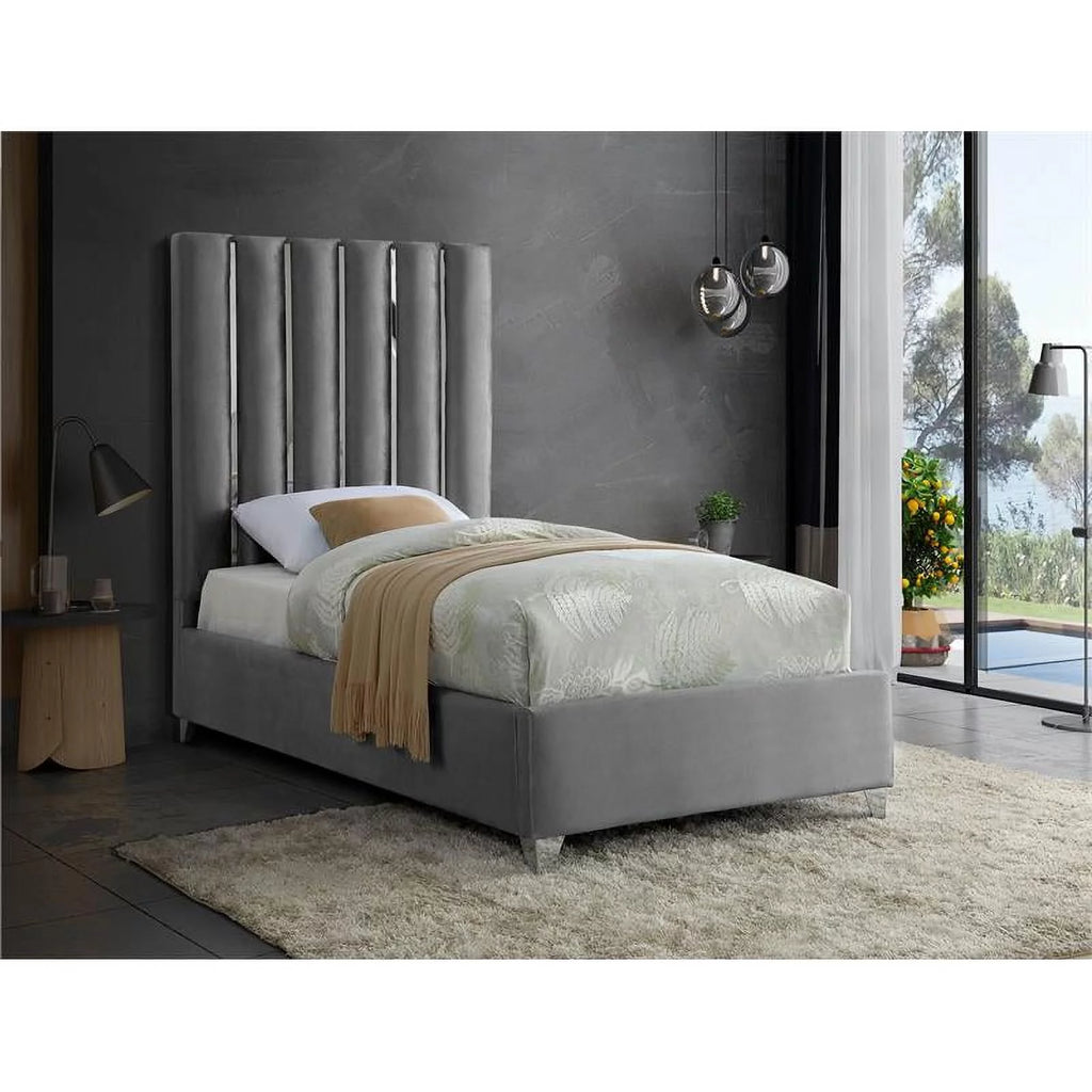 Solid Wood and Velvet Twin Bed in Gray F192