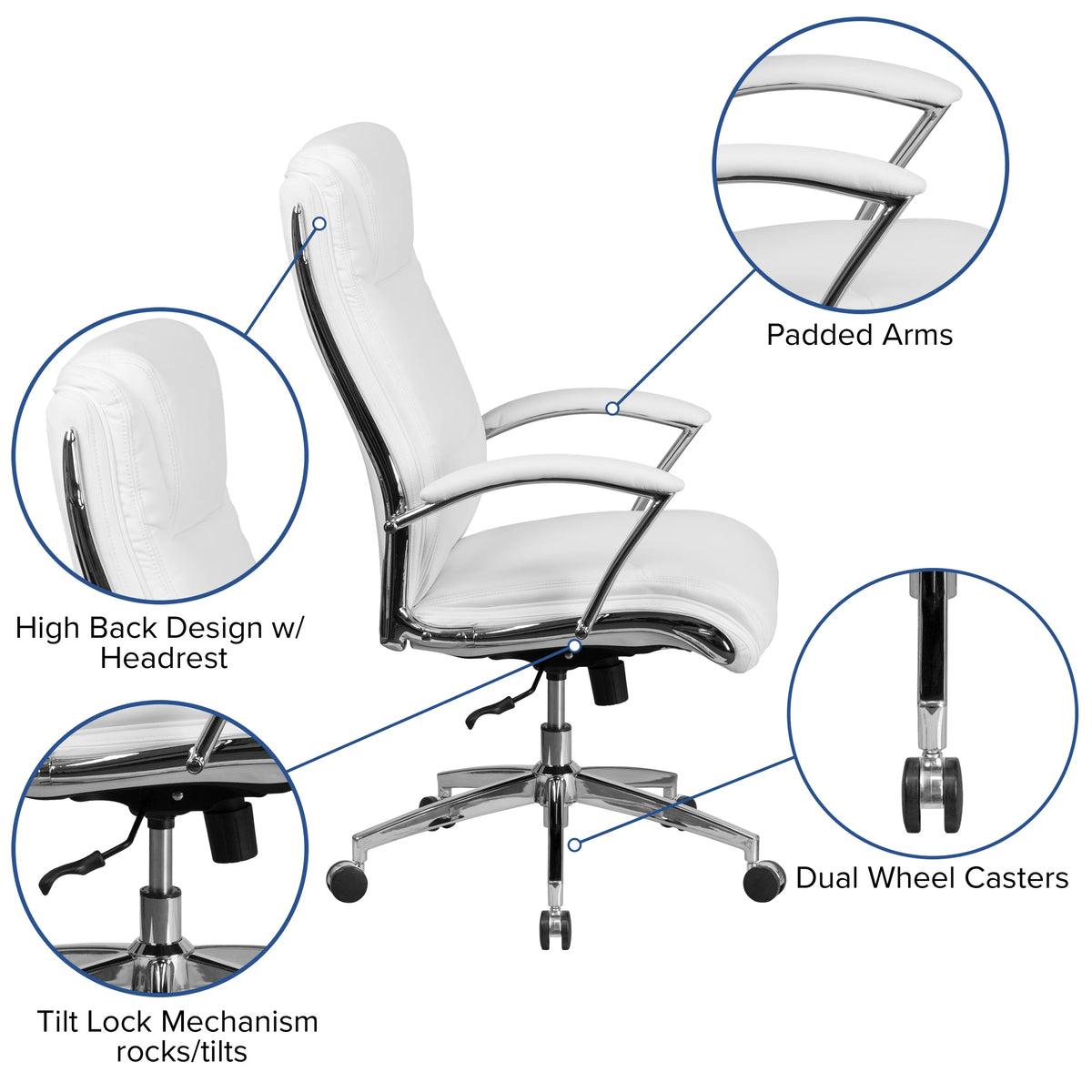 White LeatherSoft Executive Swivel Office Chair with Chrome Base and Arms C61173
