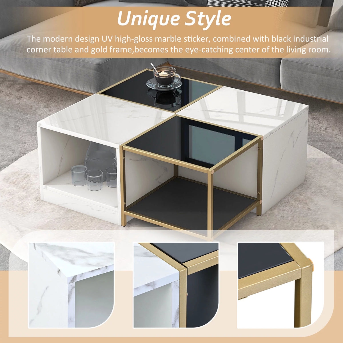 High Gloss White Marble Coffee Table with Metal Frame M508469