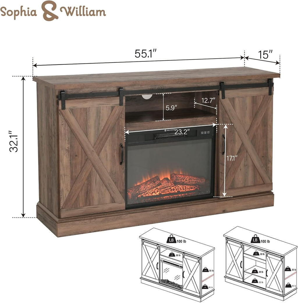 Electric Fireplace TV Stand for TVs Up to 65 with Barn Door Storage Cabinet L598600