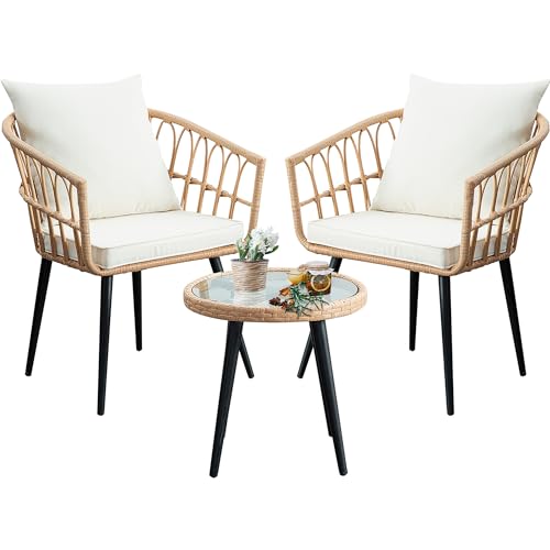Beige 3 Piece Outdoor Wicker Bistro Set with Cushions Z85874