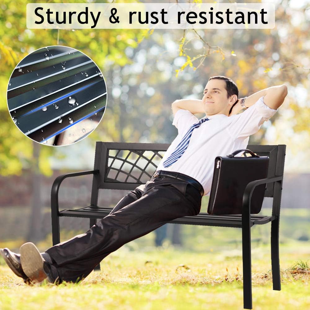 Black Metal Cast Iron Patio Bench with Armrests K70513