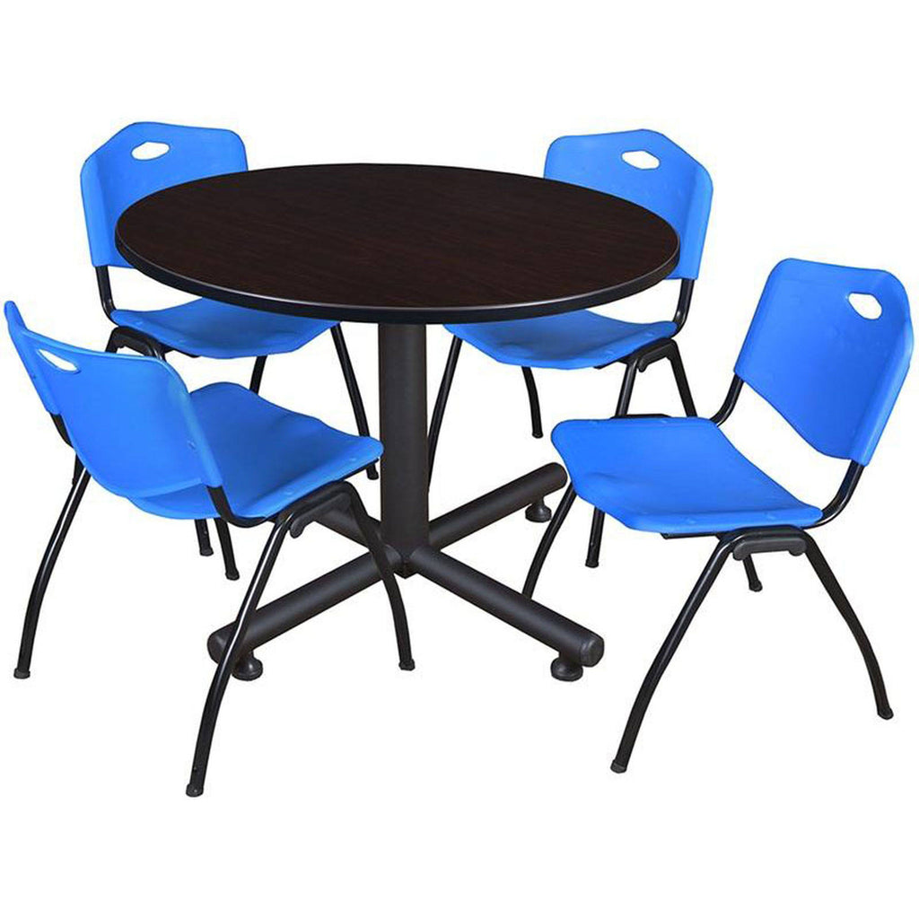 Mocha Walnut Round Breakroom Table with 4 Blue Stack Chairs N954