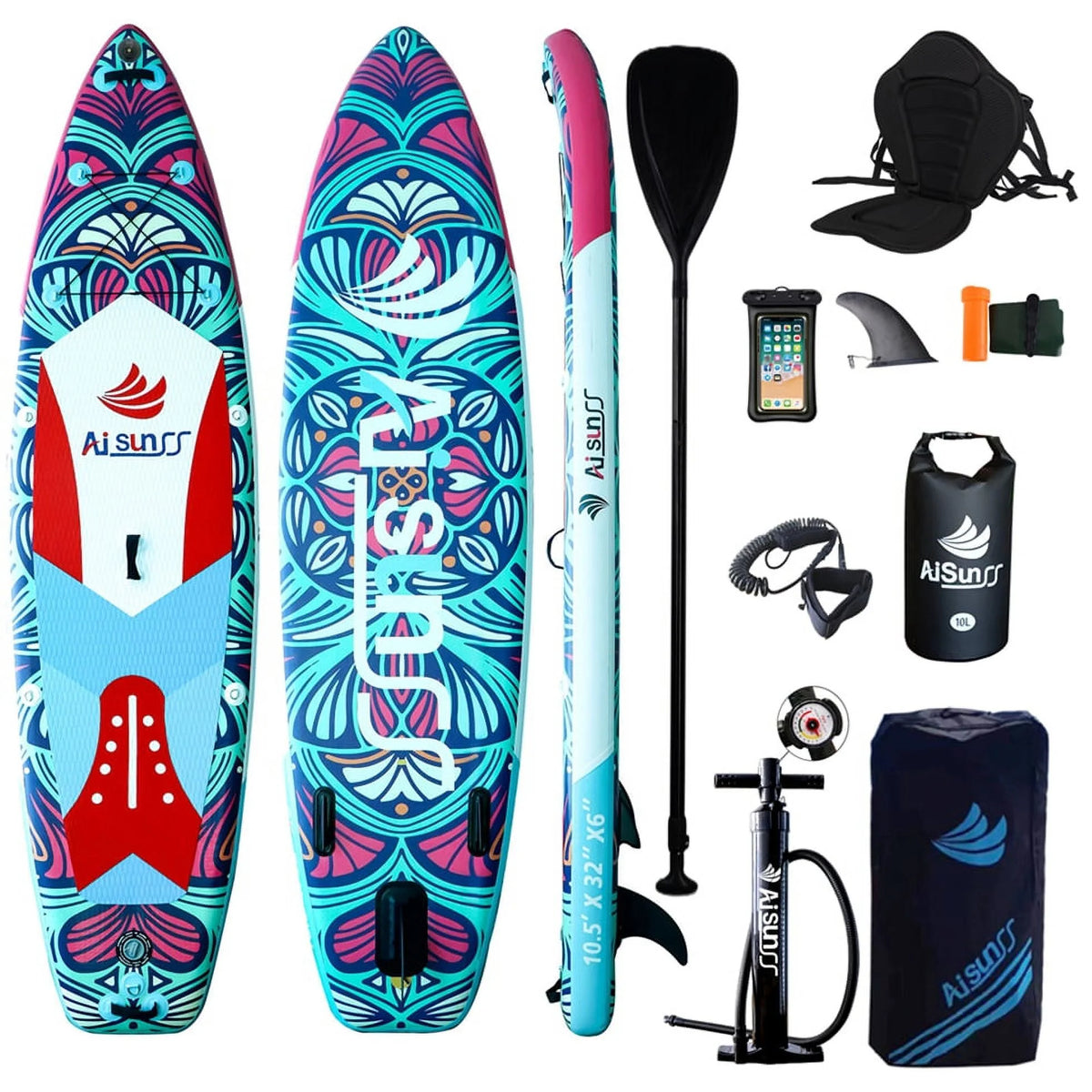 Inflatable Paddle Board with Non-Slip mat, safety Leash, Waterproof Phone Bag, Double Action Pump, Adjustable Aluminum Paddle J6071