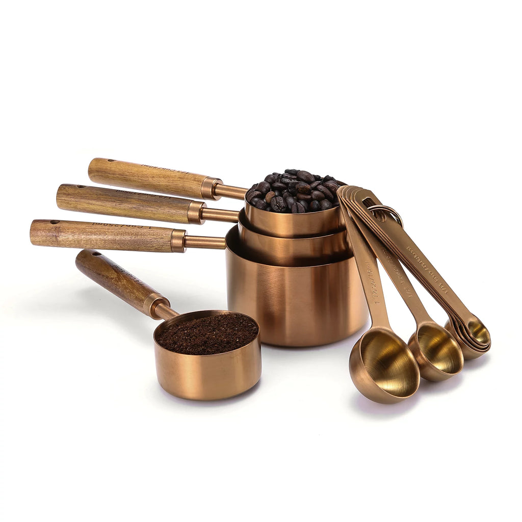 Rose Gold 10-piece Measuring Cups and Spoons Set with Wooden Handle I44248