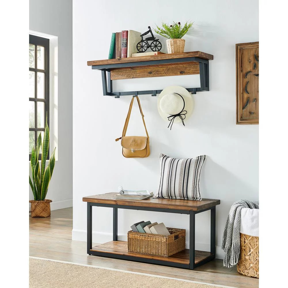 Rustic Wood Bench with Low Shelf O788036