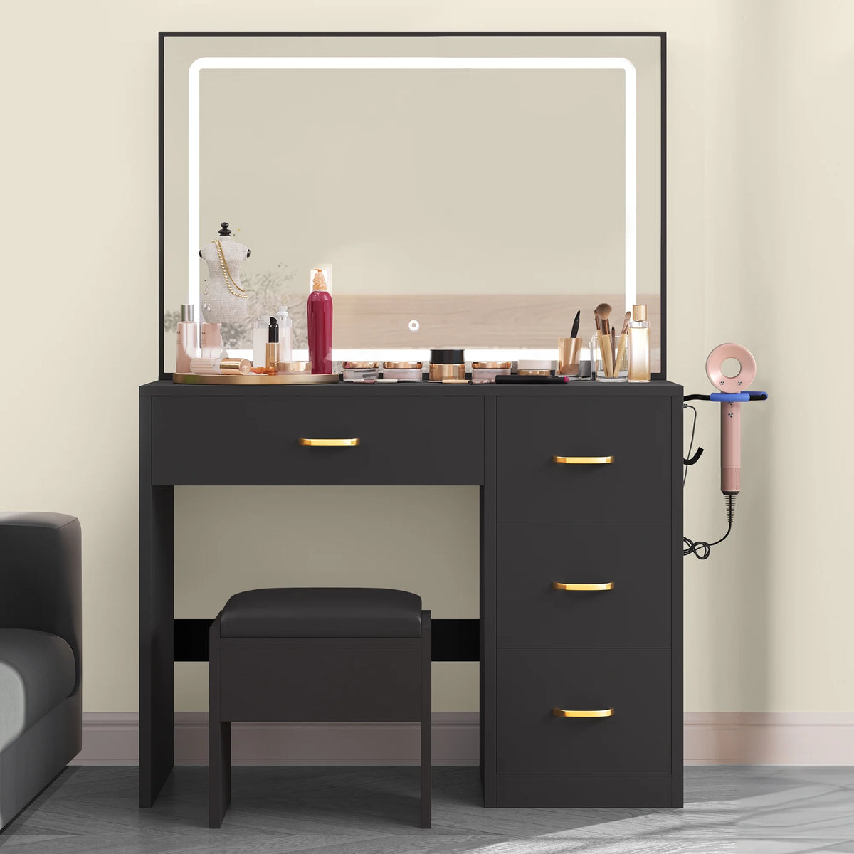 Charcoal Black Makeup Vanity Table with Mirror and LED Lights J5500