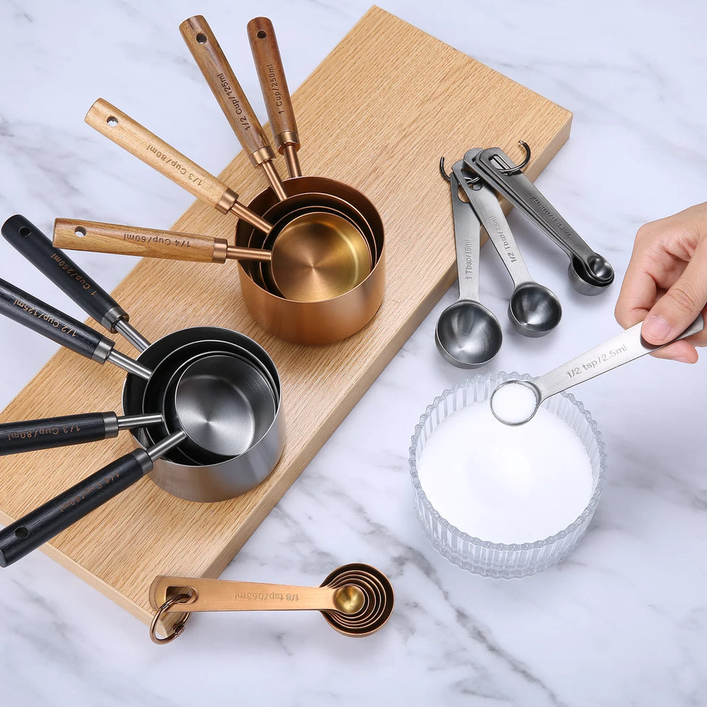Rose Gold 10-piece Measuring Cups and Spoons Set with Wooden Handle I44248