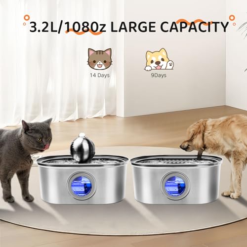 108oz/3.2L Stainless Steel Cat Water Fountain with Water Level Window Q886