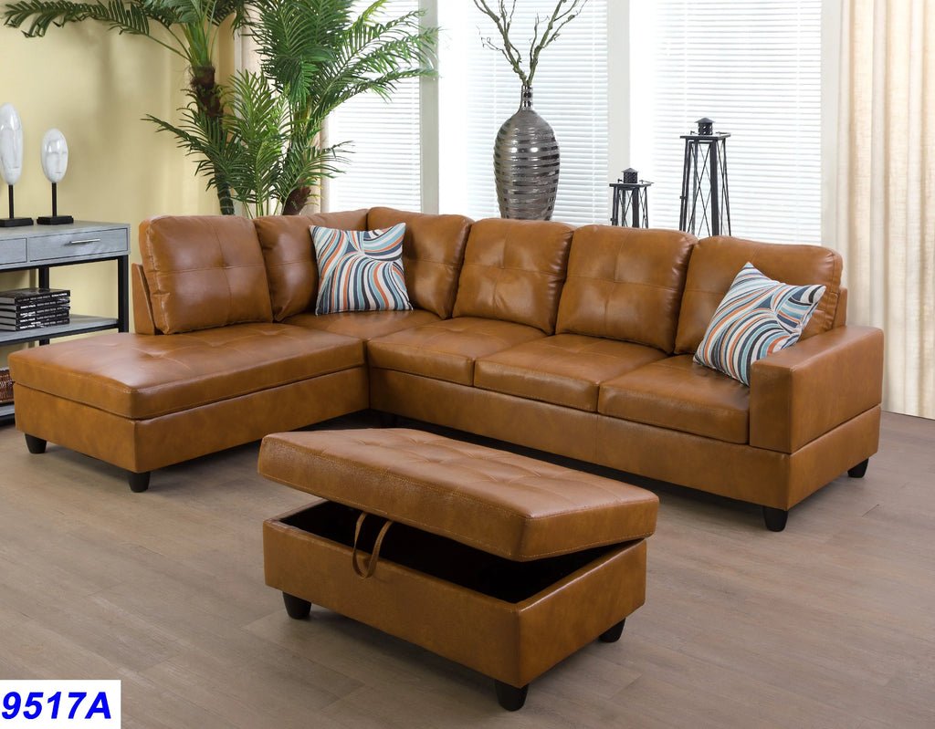 Ginger Faux Leather Sectional Sofa with Ottoman Q5193