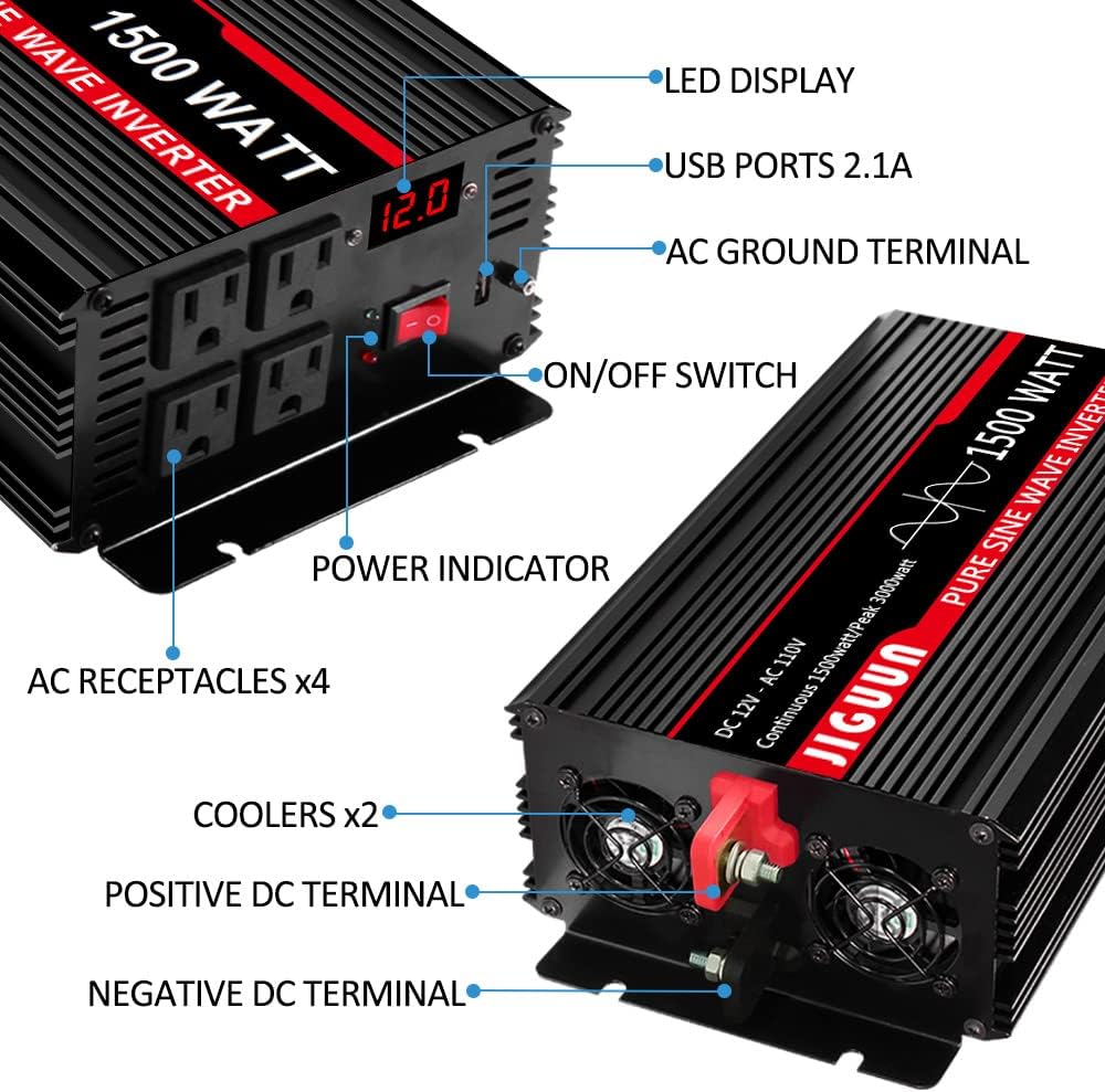 1500 Watt Pure Sine Wave Inverter 12V to 120V with AC Outlets USB F20412
