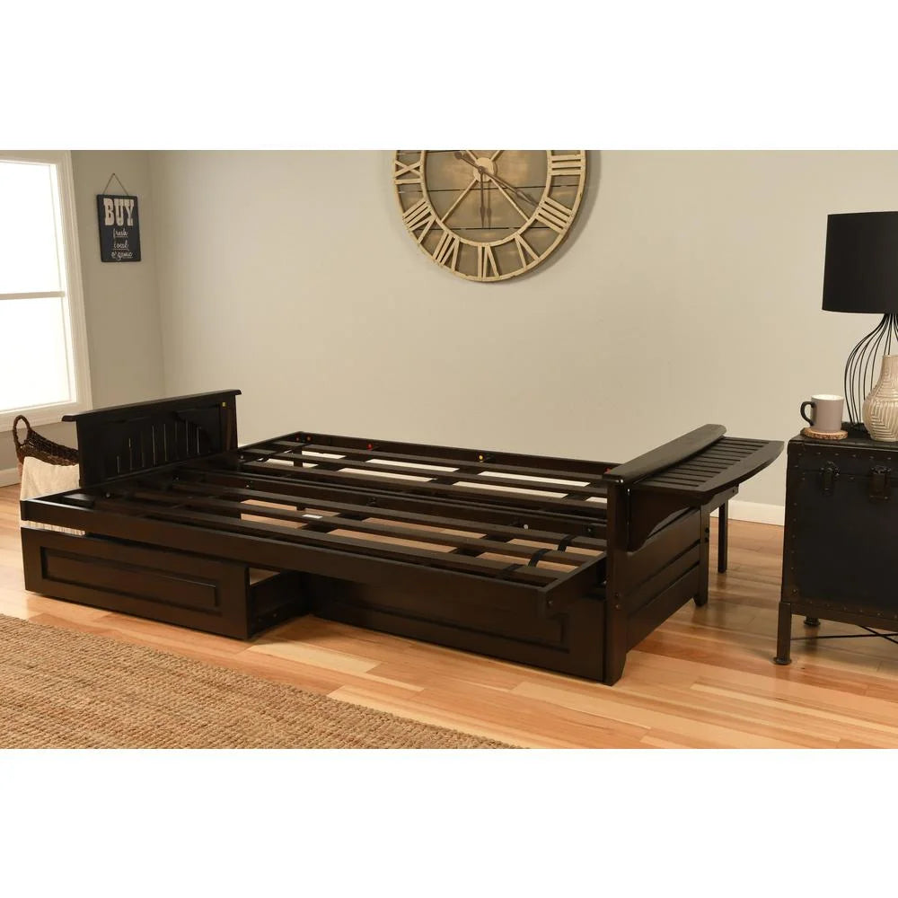 Queen Espresso Wood Storage Futon with Linen Cocoa Mattress Q6551