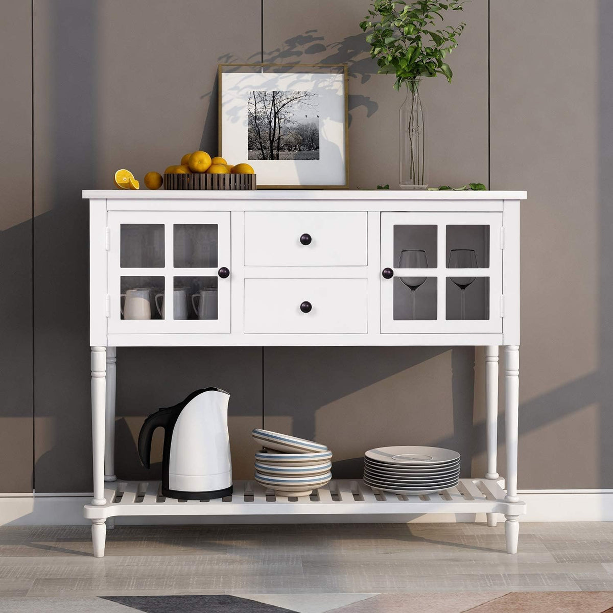 Antique Navy Console Table with Glass Doors and Drawers V68178
