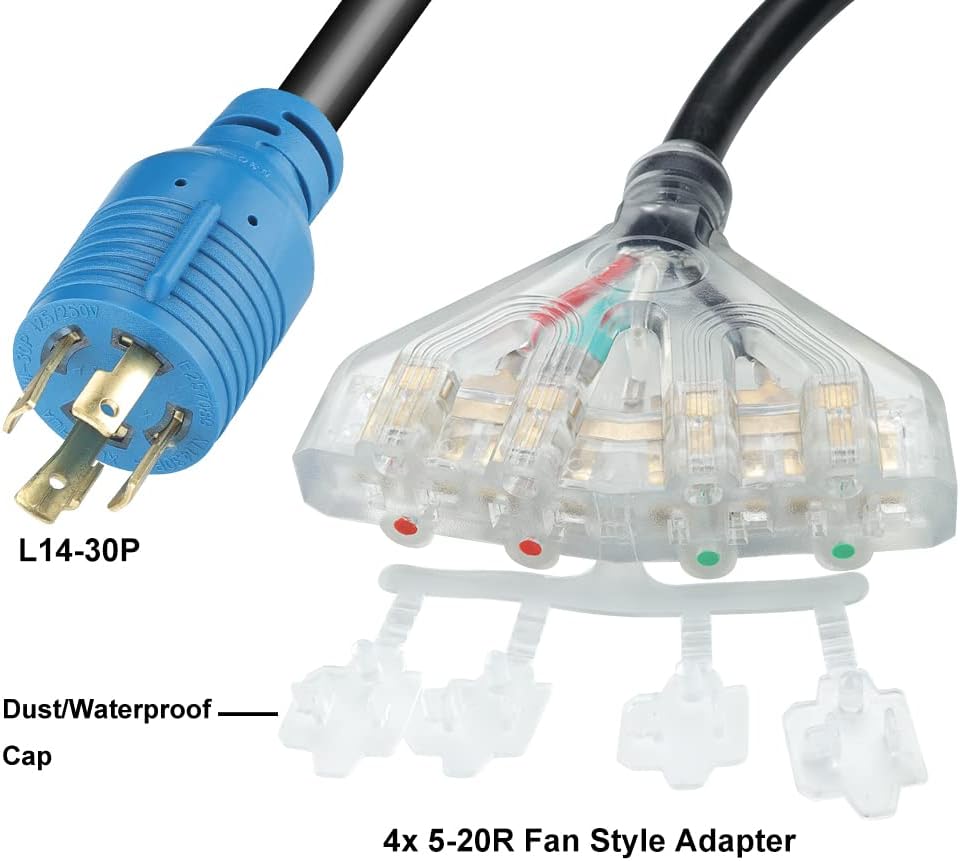 25 Feet 30 Amp 10 Gauge 4 Prong Generator Extension Cord 125/250V 7500W Pack of 2 I350799