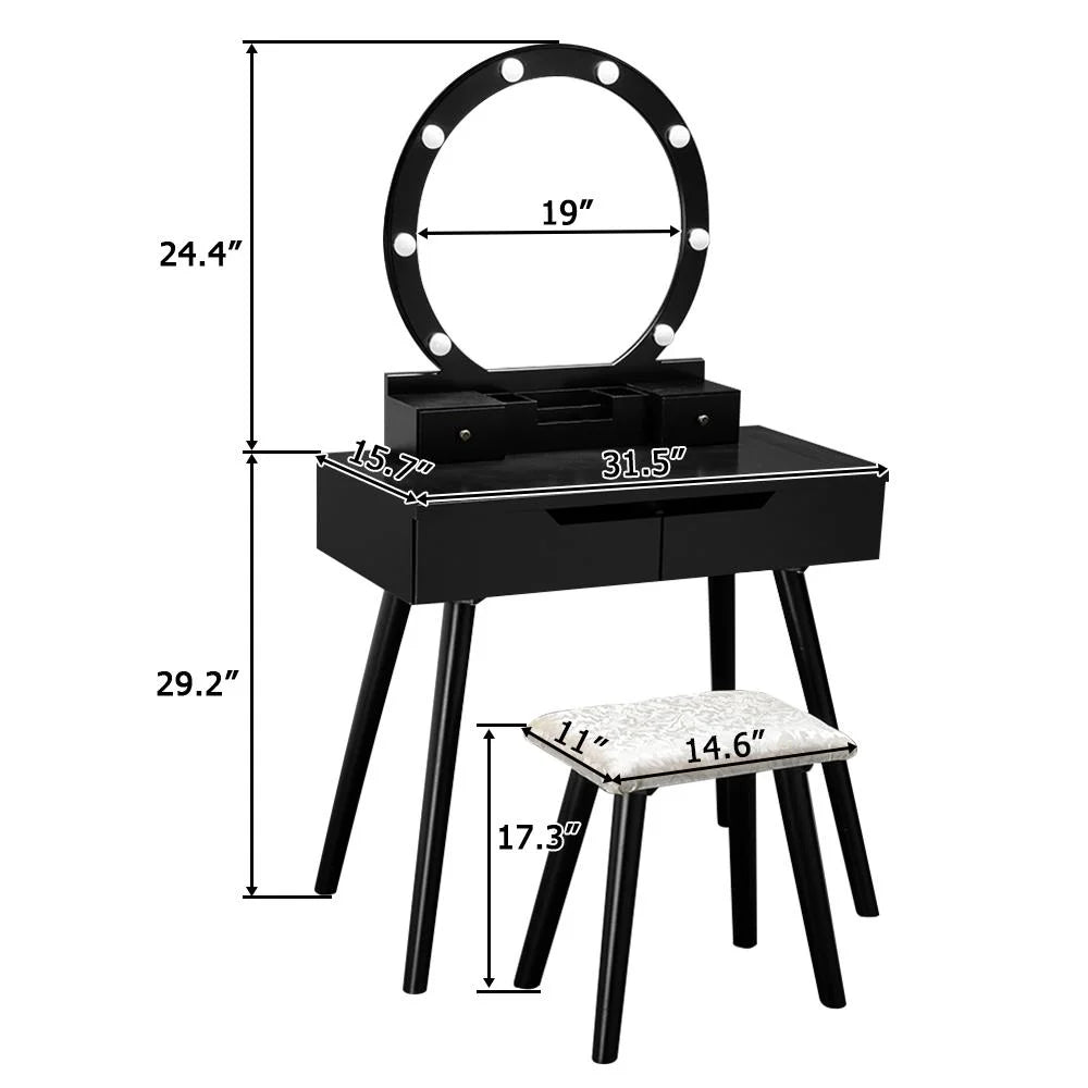 Black Wooden Dressing Table with Lighted Mirror and Cushioned Stool M618892