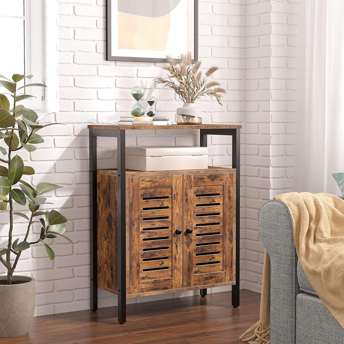 Rustic Brown Floor Storage Cabinet with Hidden Adjustable Shelf L2591