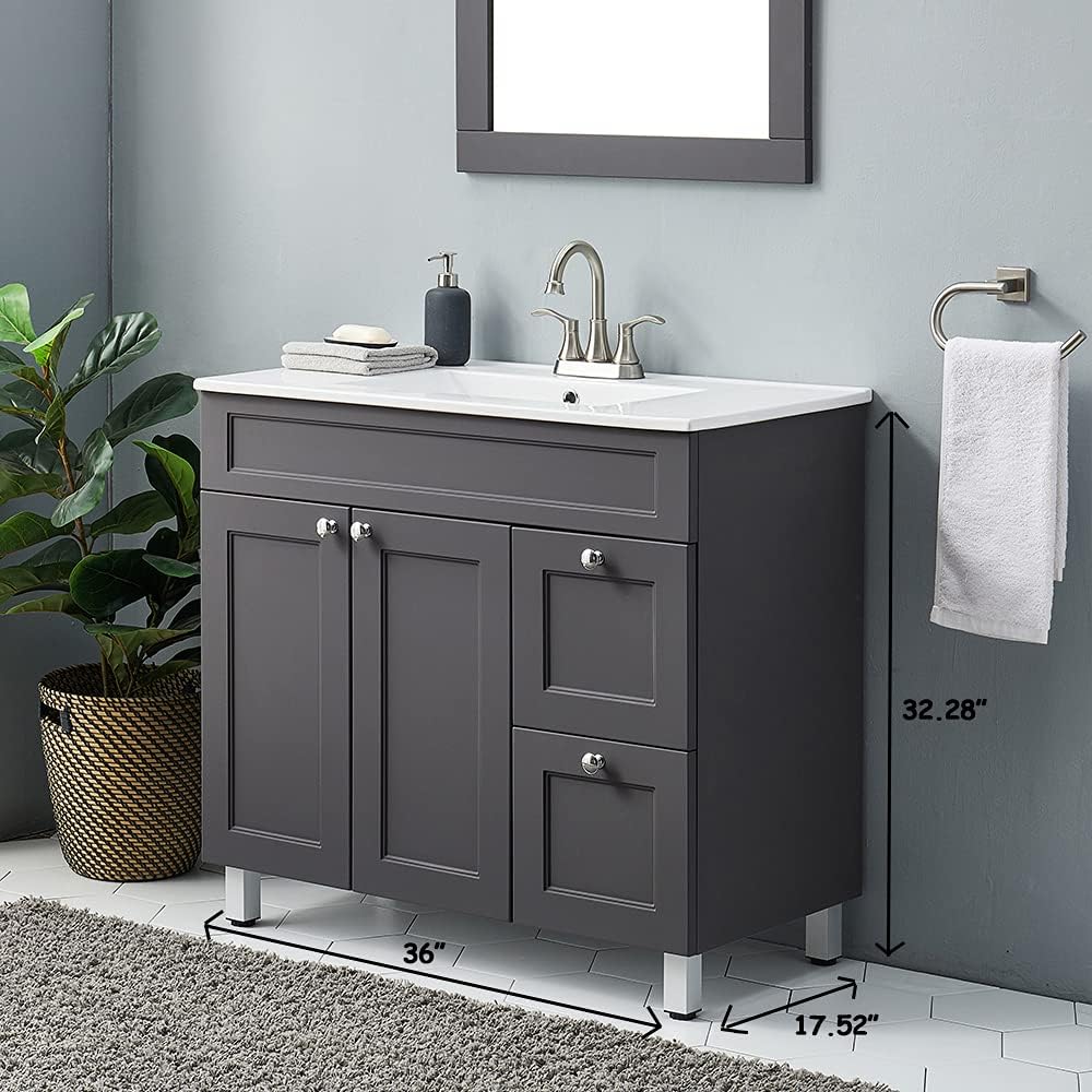36 Grey Bathroom Vanity Sink Cabinet Set with White Ceramic Countertop O247737