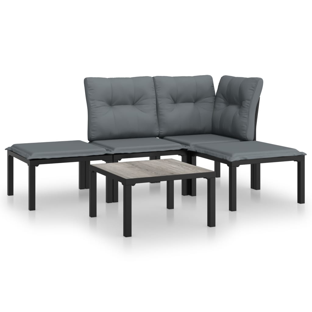5 Piece Outdoor Patio Furniture Set, Black Poly Rattan Sectional Sofa with Dark Gray Cushions X2419