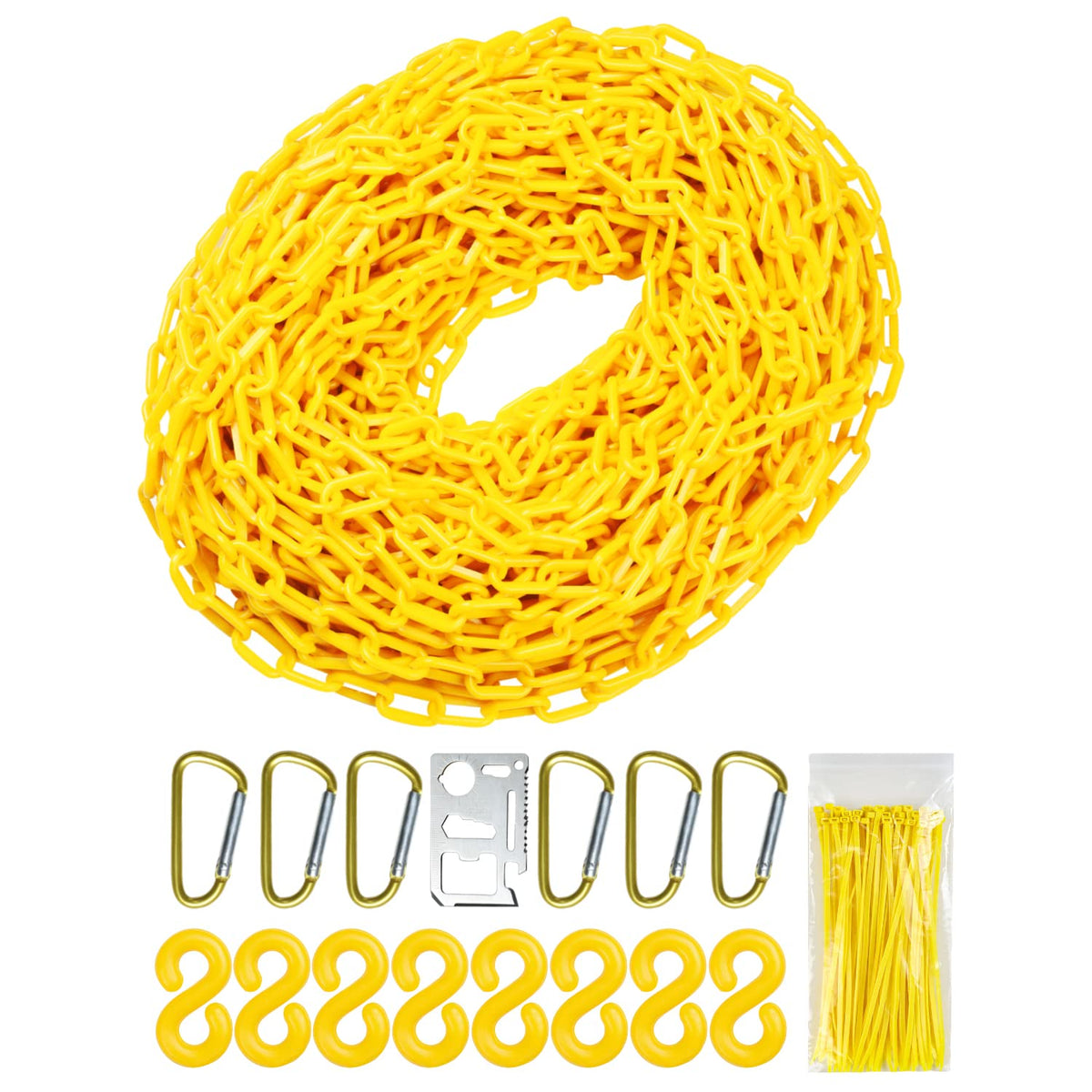 Yellow Plastic Safety Barrier Chain with Carabiner D Rings, S-Hooks, and Zip Ties C3679