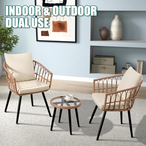 Beige 3 Piece Outdoor Wicker Bistro Set with Cushions Z85874
