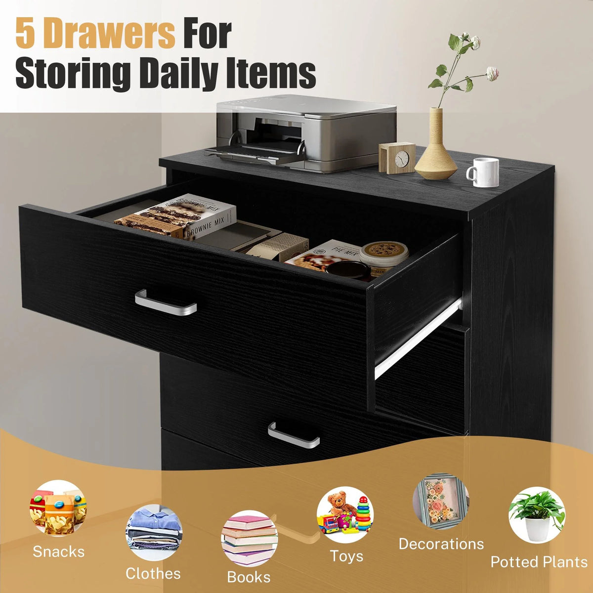 Black 5 Drawer Dresser T4864