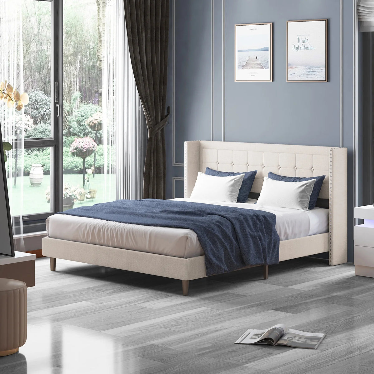 King Size Linen Upholstered Platform Bed Frame with Headboard A806