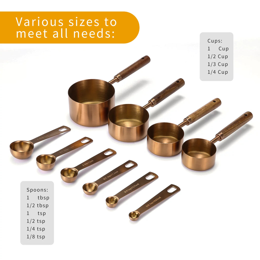 Rose Gold 10-piece Measuring Cups and Spoons Set with Wooden Handle I44248