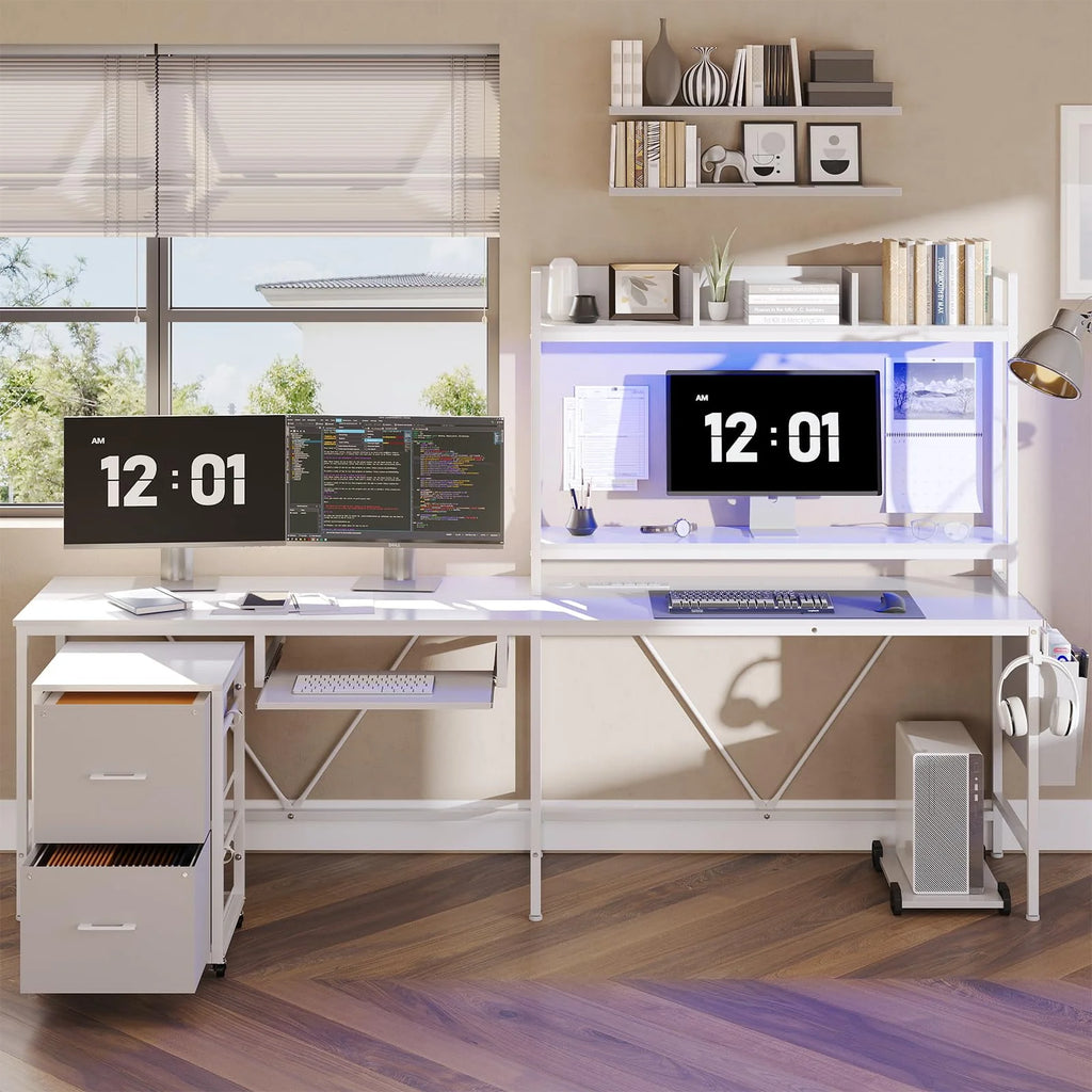 L Shaped Computer Desk with Power Outlet and LED Strip, Black G2205