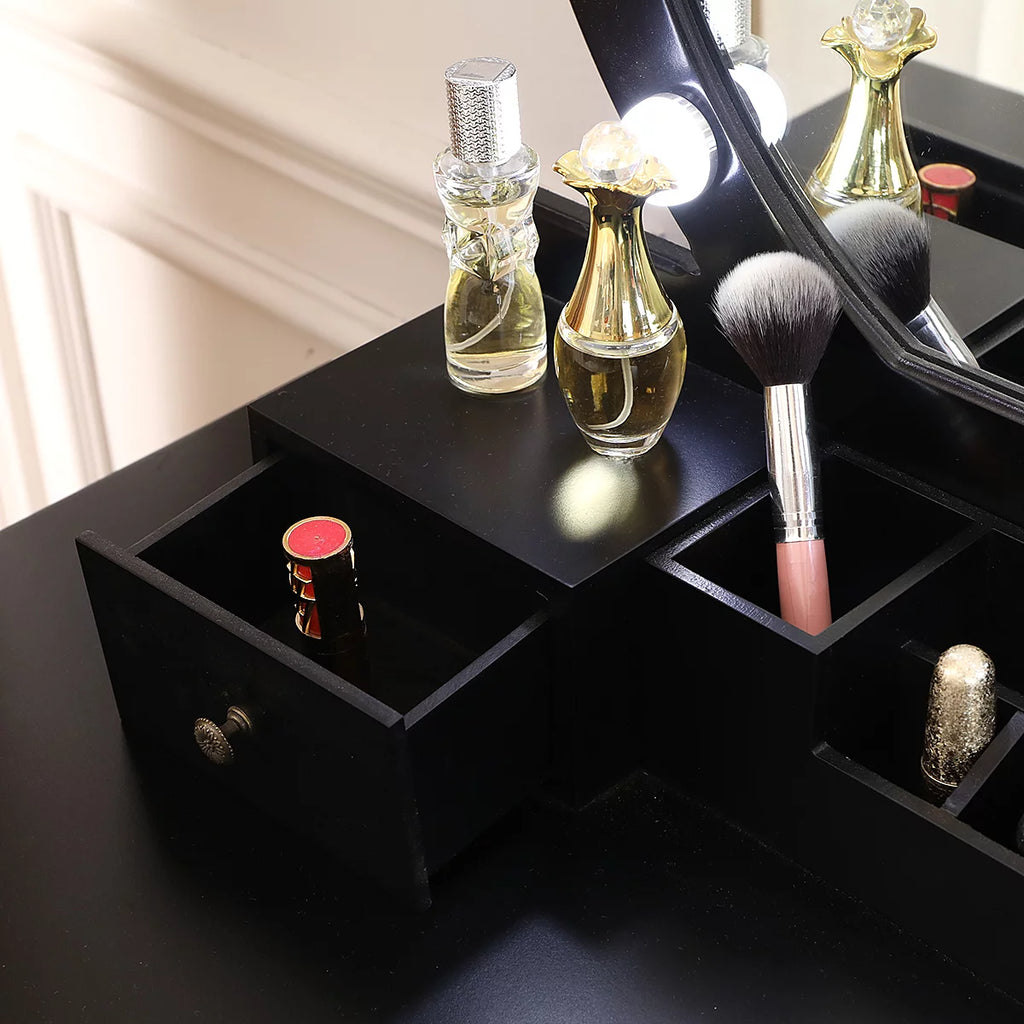 Black Wooden Dressing Table with Lighted Mirror and Cushioned Stool M618892
