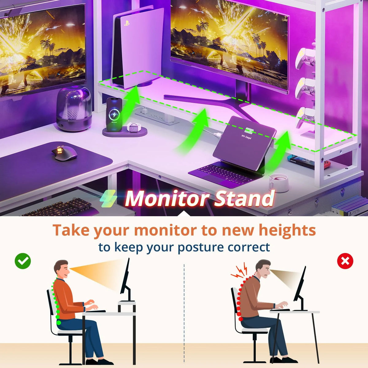L Shaped Computer Desk with Power Outlet and LED Strip, Black G2205
