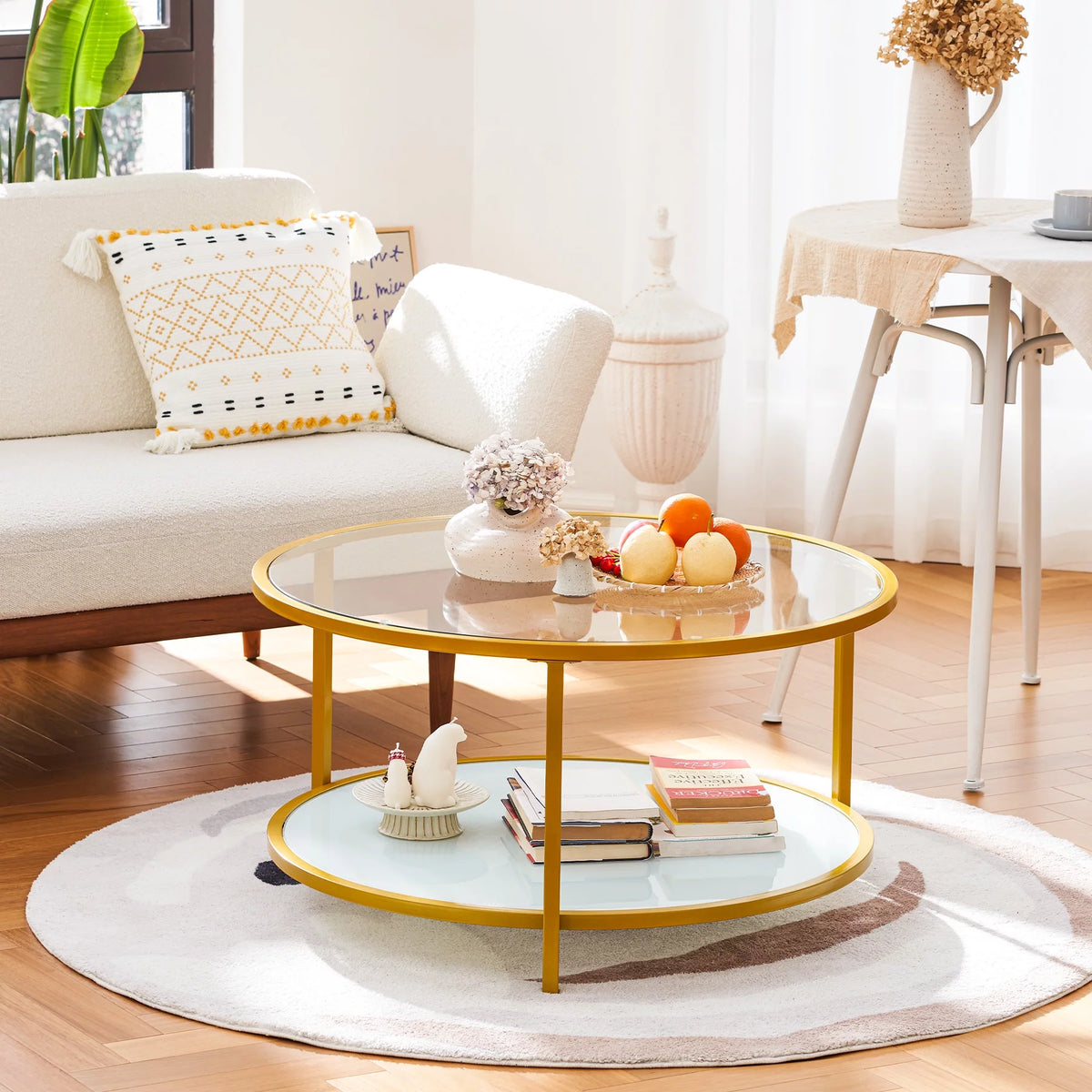 Glass Coffee Table with Storage Shelf Metal Frame Gold I98952