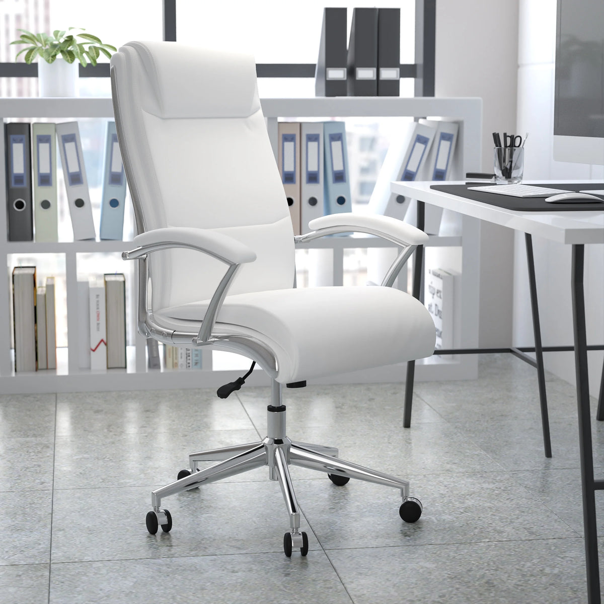 White LeatherSoft Executive Swivel Office Chair with Chrome Base and Arms C61173