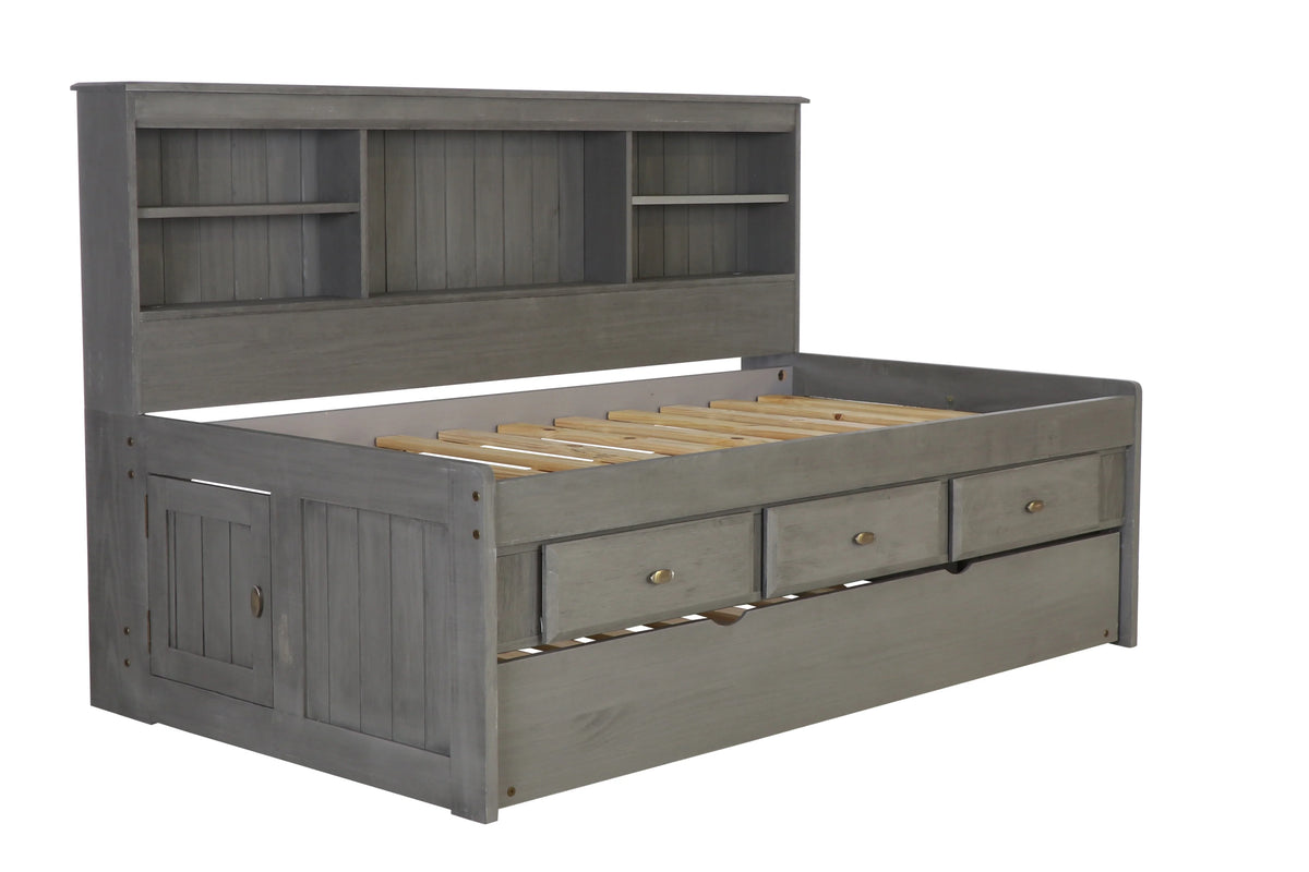 Twin Size Bed Frame with Headboard Bookcase Captain Day Bed with 3 Drawers & Trundle, Charcoal T727