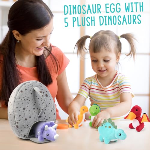 5 Small Dinosaur Plush Dolls and Egg Bag Toys Set J107549