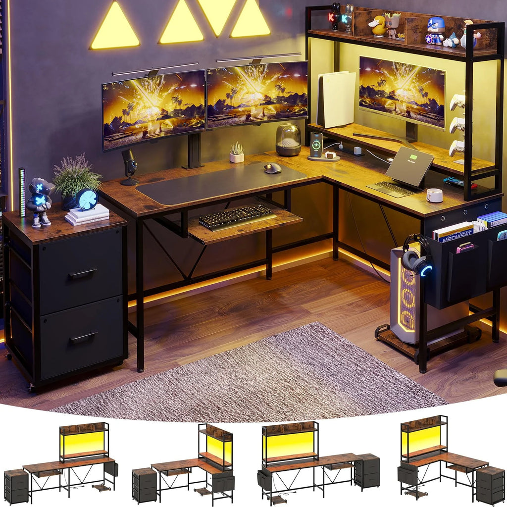 L Shaped Computer Desk with Power Outlet and LED Strip, Black G2205