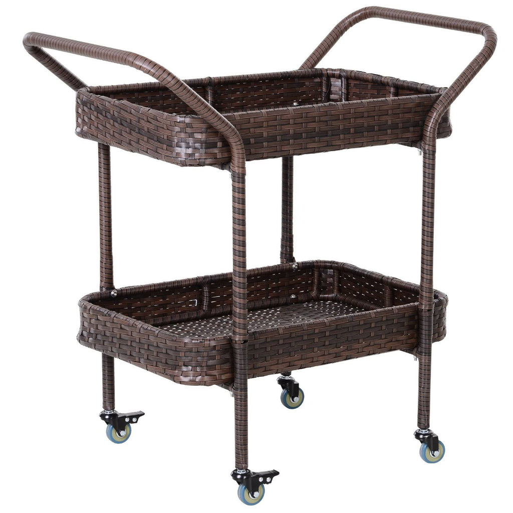 Rolling Rattan Wicker Outdoor Kitchen Trolley Serving Cart 2 Tray Shelves J585491