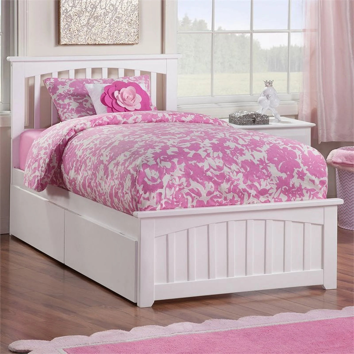 White Twin-XL Hardwood Storage Platform Bed H7405