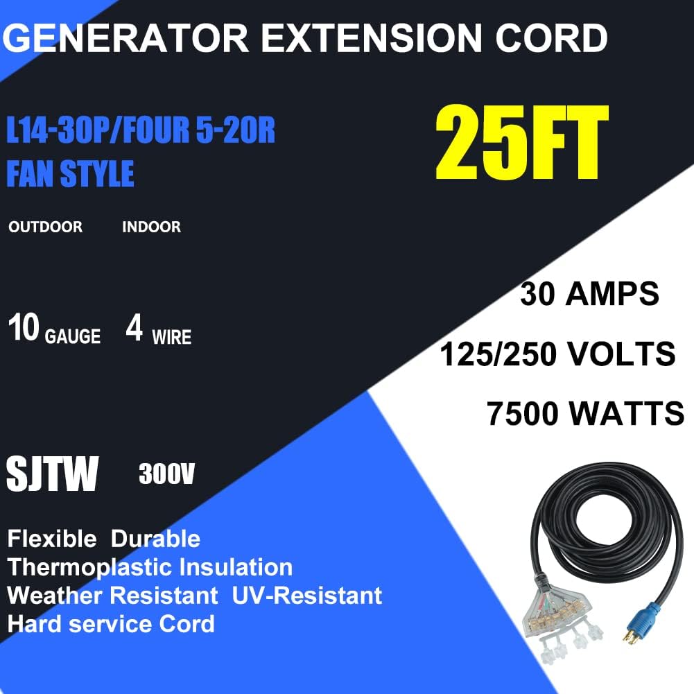 25 Feet 30 Amp 10 Gauge 4 Prong Generator Extension Cord 125/250V 7500W Pack of 2 I350799