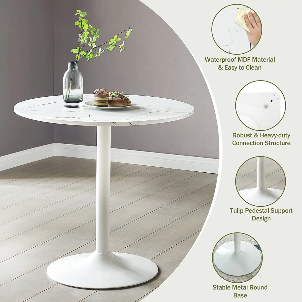 Round Dining Table with Faux Marble Top and Pedestal Base J58430