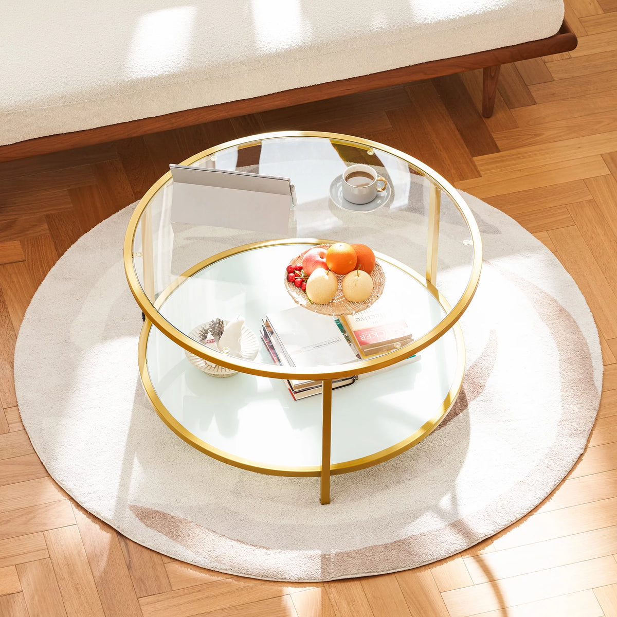 Glass Coffee Table with Storage Shelf Metal Frame Gold I98952