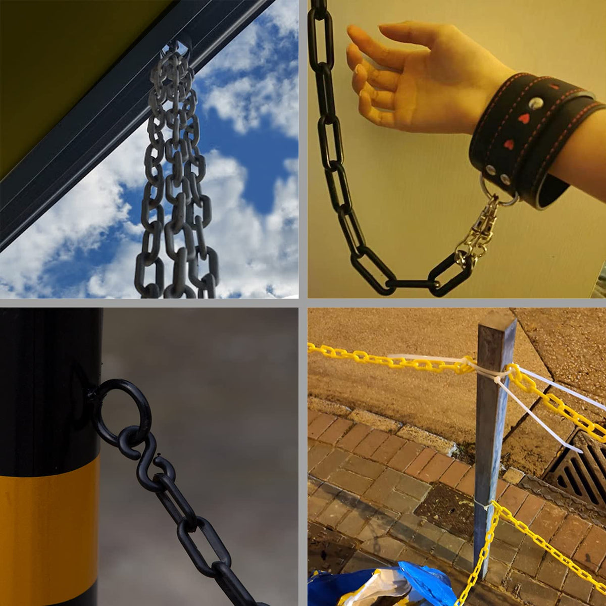 Yellow Plastic Safety Barrier Chain with Carabiner D Rings, S-Hooks, and Zip Ties C3679