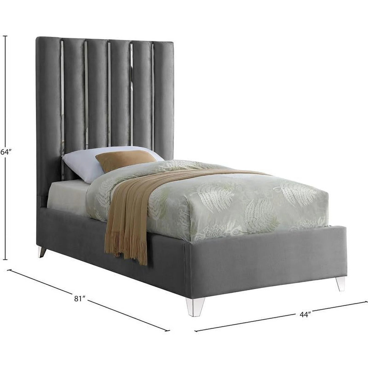 Solid Wood and Velvet Twin Bed in Gray F192