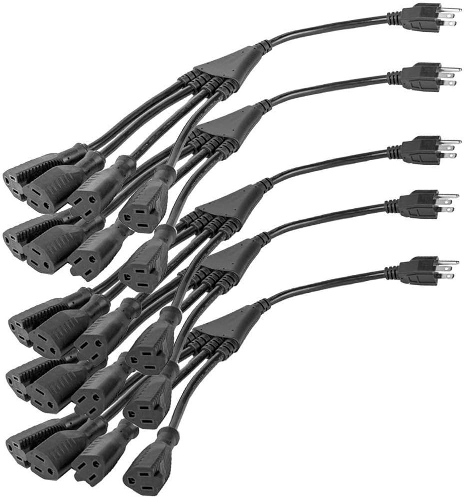 4 Way Power Splitter 1 to 4 Cable Strip 3 Pronged Outlet Black SJT 16 AWG 3 Pack H618033